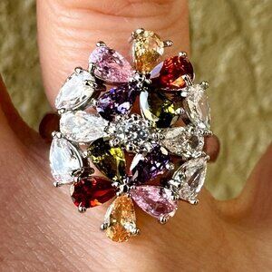 Stunning Woman's Silver Crystal Floral Ring